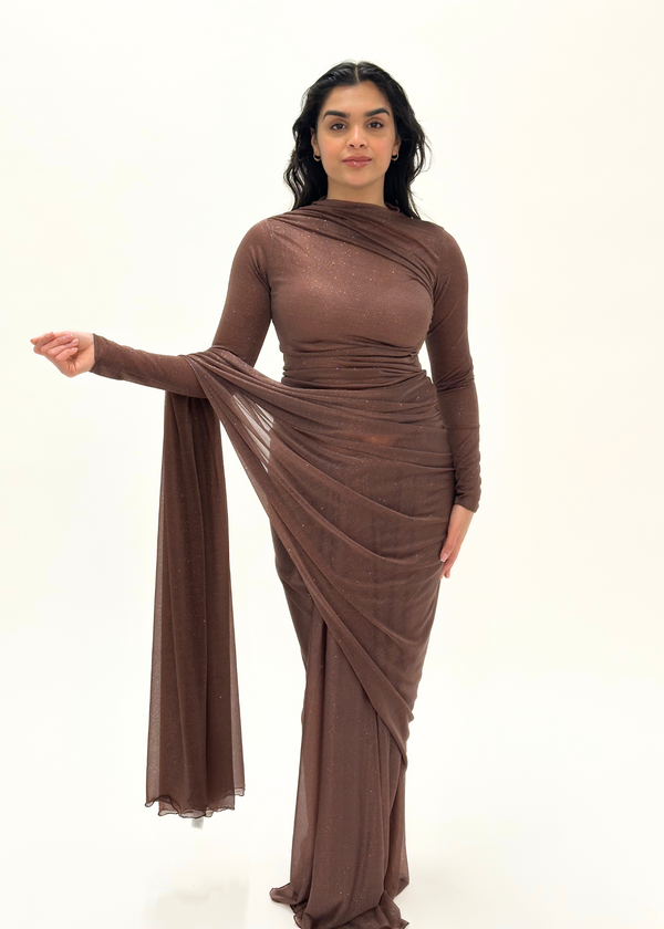 kanya london Brown glitter saree long sleeve (MADE TO ORDER)