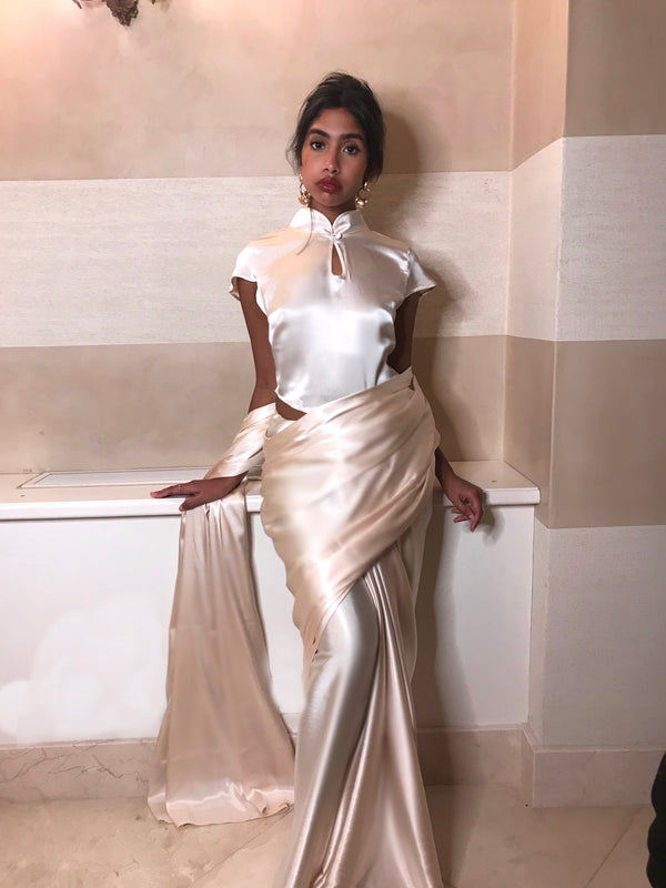 kanya london Cream Short Sleeve Mandarin Collar Satin Top