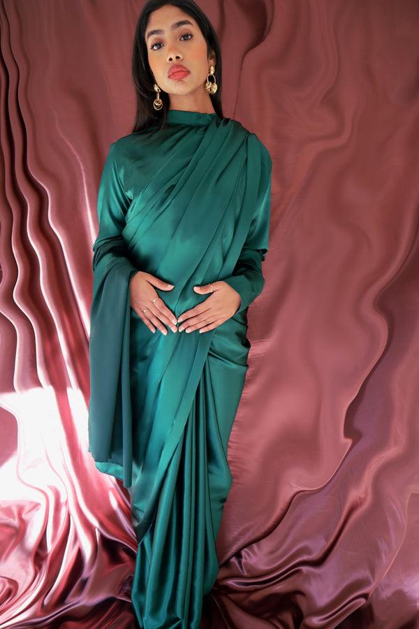 kanya london Emerald Green Long Sleeve High Neck Satin Top