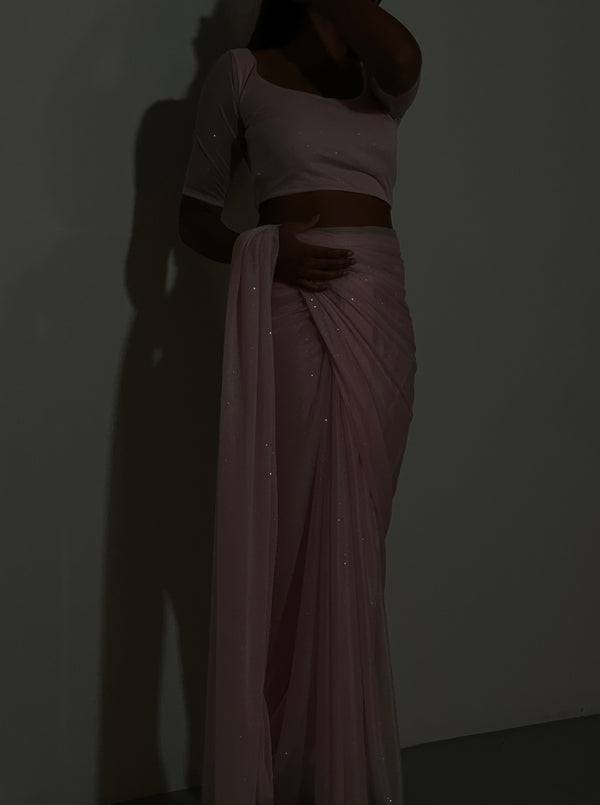 kanya london GLITTER SAREE HALF SLEEVE TOP LIGHT PINK