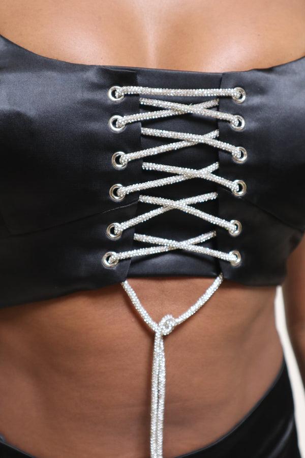 Kanya London Diamante Tie Crop Top Black Co-Ord