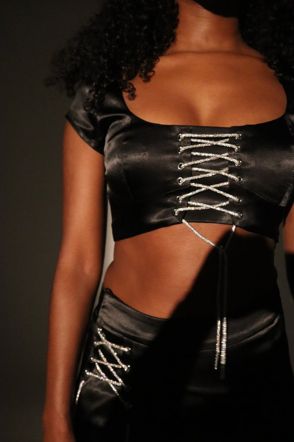 kanya london Diamante Tie Crop Top Black Co-Ord