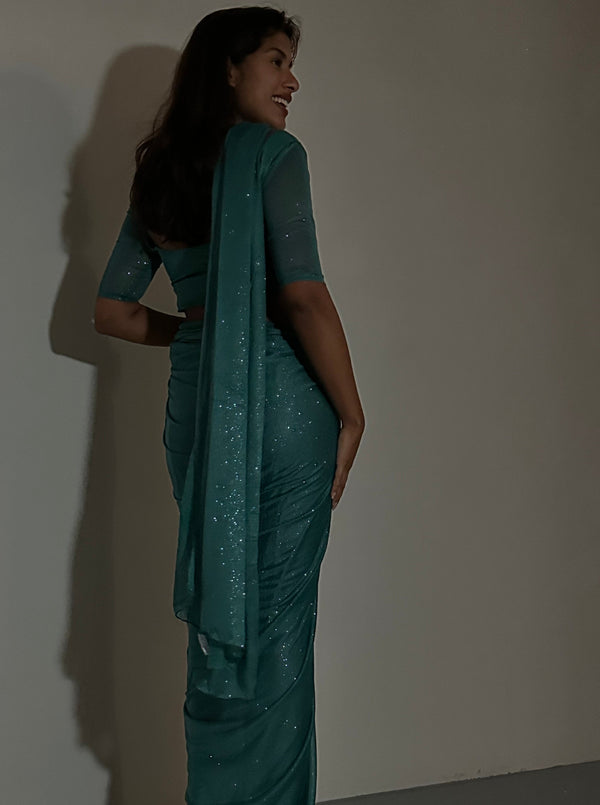 Kanya London GLITTER SAREE HALF SLEEVE TOP GREEN