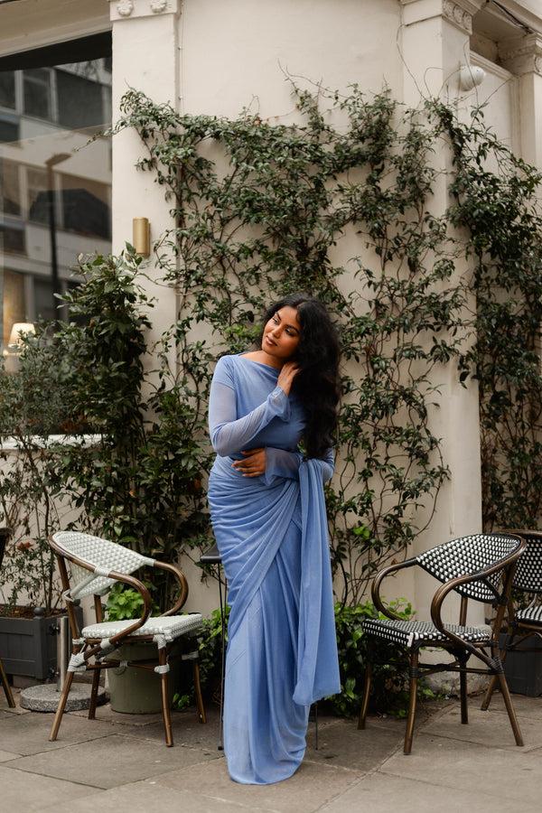 kanya london GLITTER SAREE LONG SLEEVE BLUE