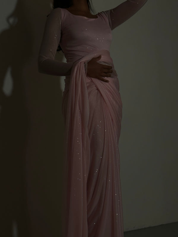 Kanya London GLITTER SAREE LONG SLEEVE LIGHT PINK