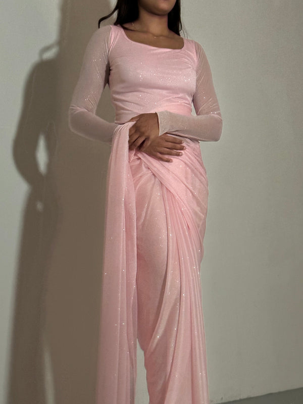 kanya london GLITTER SAREE LONG SLEEVE LIGHT PINK