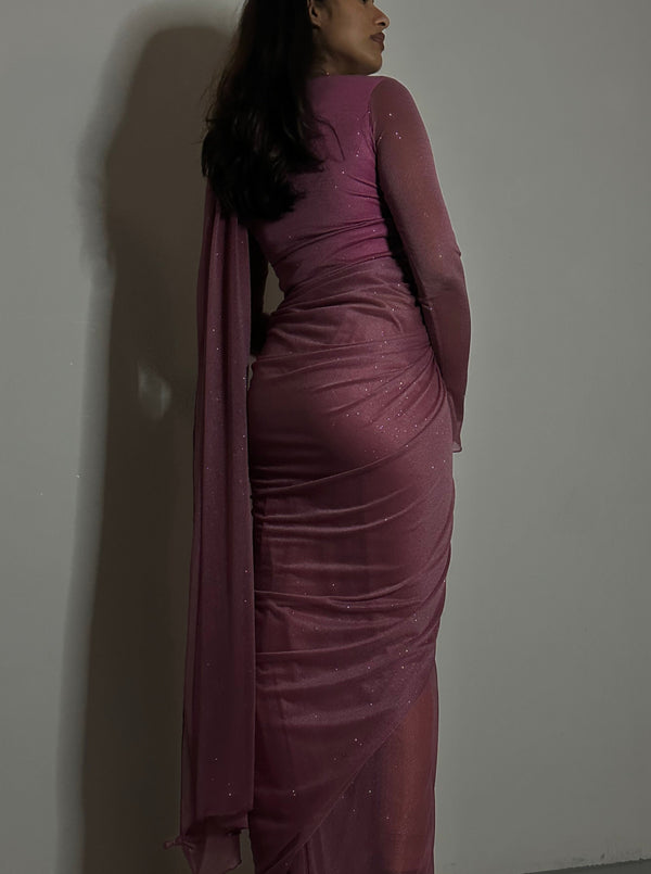 Kanya London GLITTER SAREE LONG SLEEVE MAUVE