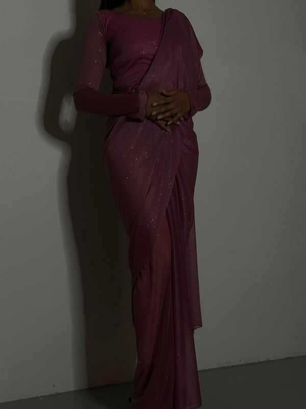 Kanya London GLITTER SAREE LONG SLEEVE MAUVE