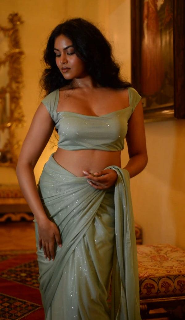 Kanya London GLITTER SAREE LONG SLEEVE SAGE