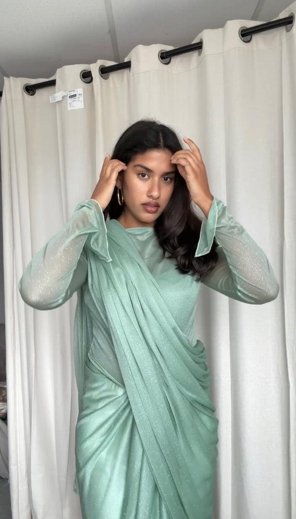 Kanya London GLITTER SAREE LONG SLEEVE SAGE