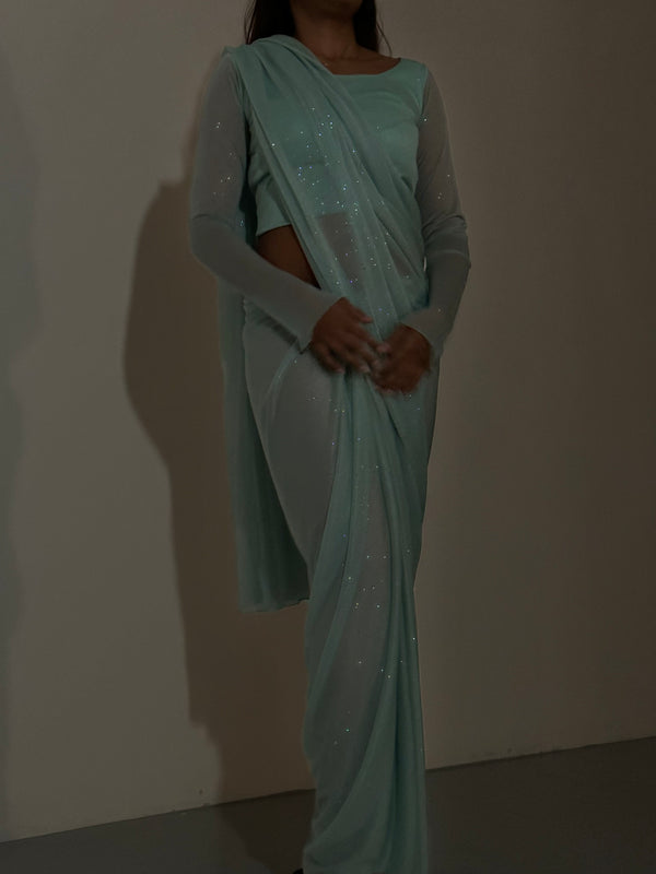 Kanya London GLITTER SAREE LONG SLEEVE SAGE MINT