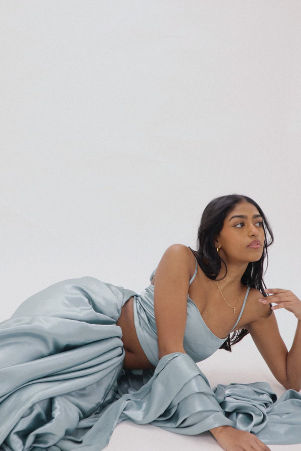 Kanya London SATIN SAREE AND TOP LIGHT BLUE