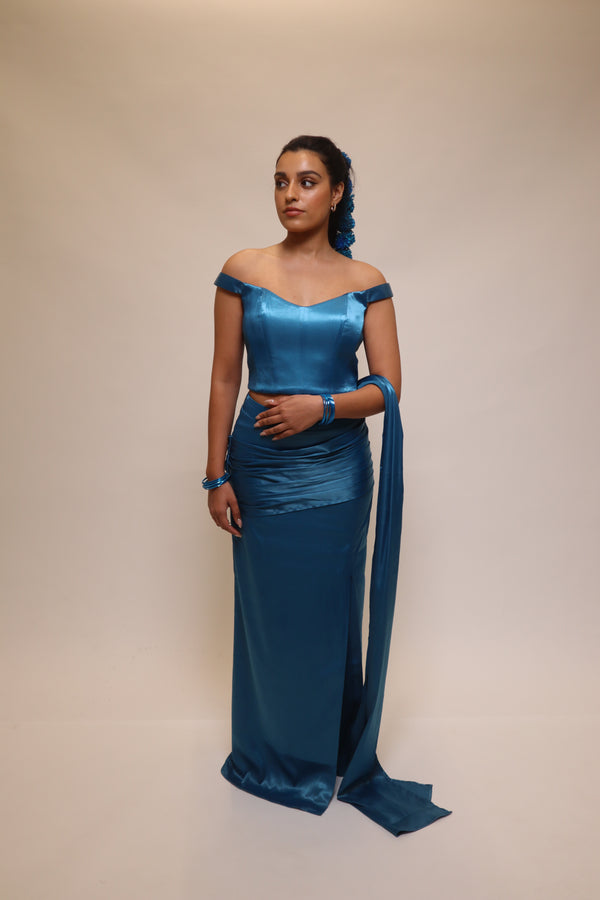 Kanya London Turquoise Saree Drape Pleated Skirt