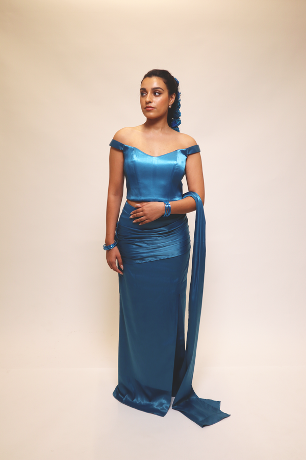 Kanya London Turquoise Saree Drape Pleated Skirt