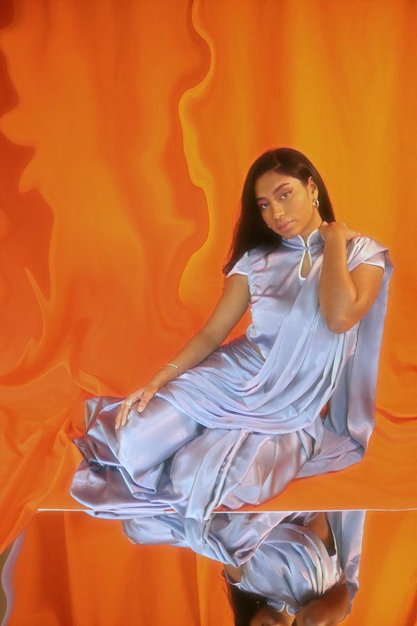 kanya london Light Blue Short Sleeve Mandarin Collar Satin Top