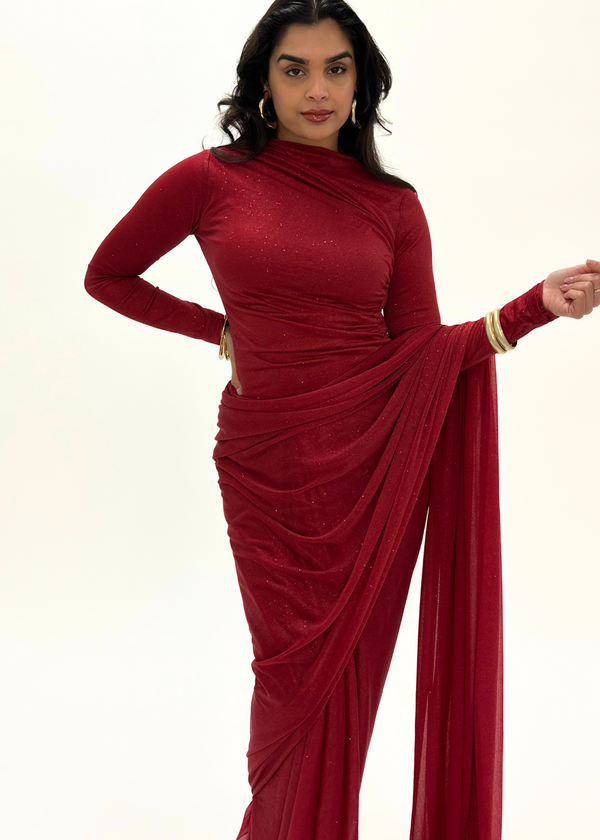Kanya London Maroon Glitter Saree Long Sleeve (MADE TO ORDER)