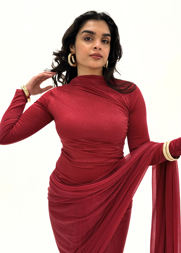 kanya london Maroon glitter saree long sleeve (MADE TO ORDER)