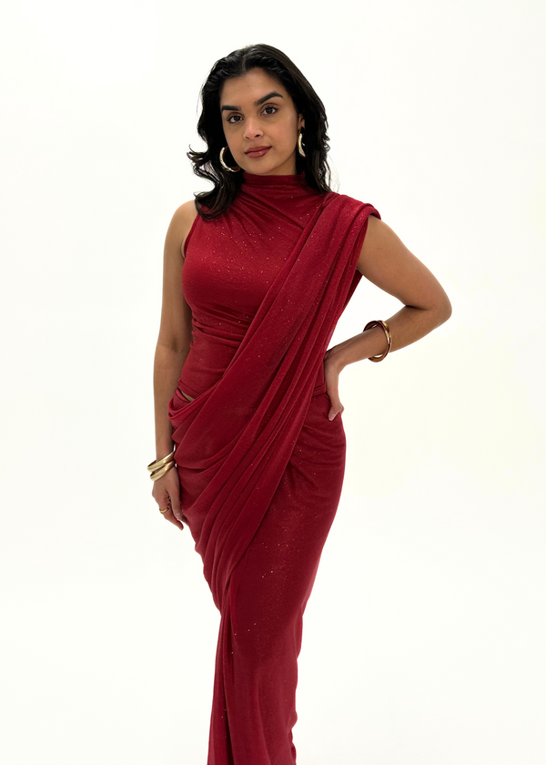 Kanya London Maroon Glitter Saree Sleeveless (MADE TO ORDER)