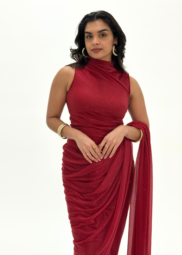 kanya london Maroon glitter saree sleeveless (MADE TO ORDER)