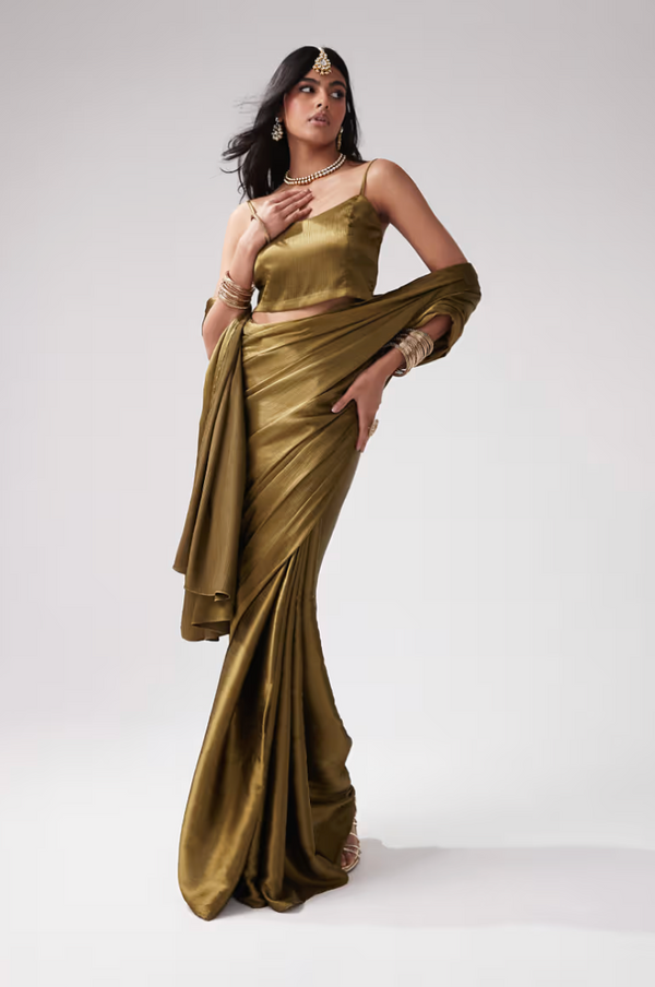 kanya london OLIVE GREEN SPAGHETTI STRAP TOP AND SAREE