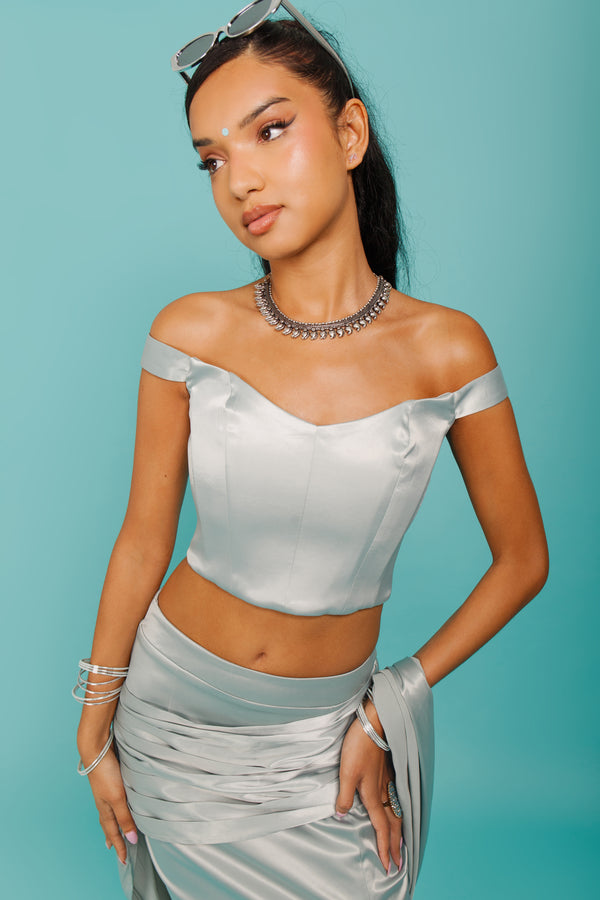 kanya london OLIVE STRETCH SATIN PANLLED CORSET OFF SHOUDLER TOP