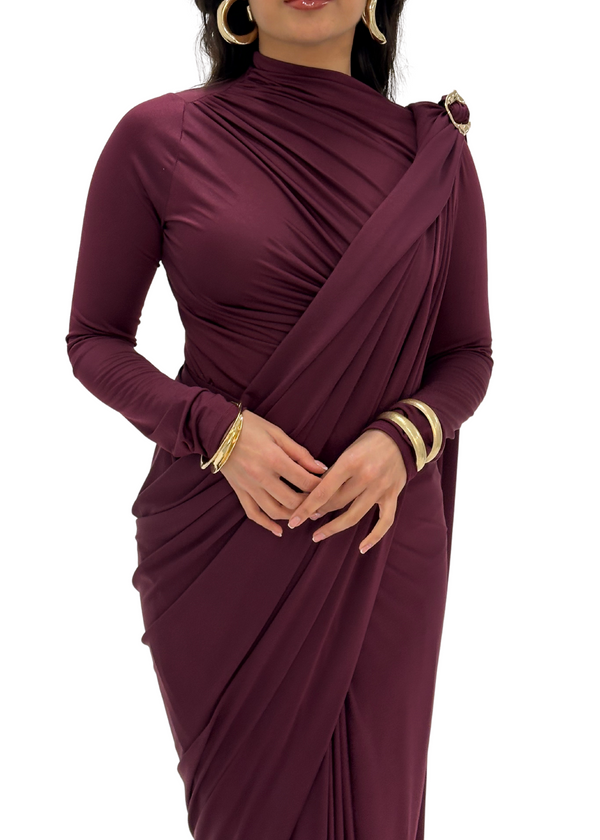 Kanya London Wine Ready Made Saree Long Sleeve (MADE TO ORDER)