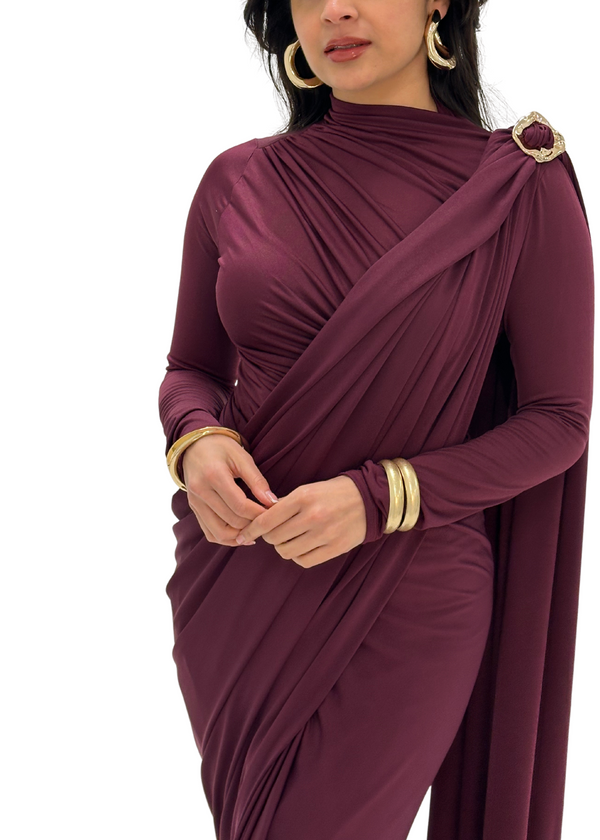 Kanya London Wine Ready Made Saree Long Sleeve (MADE TO ORDER)
