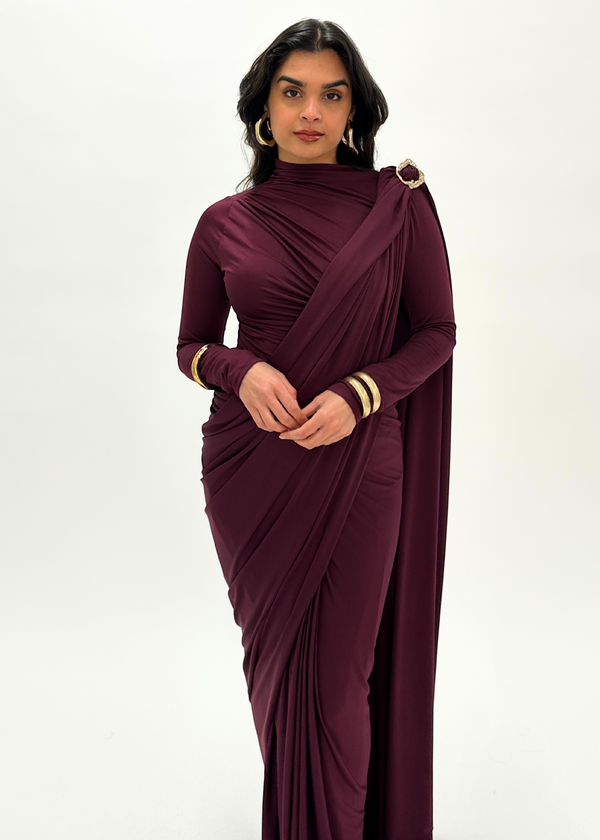 kanya london Wine ready made saree long sleeve (MADE TO ORDER)