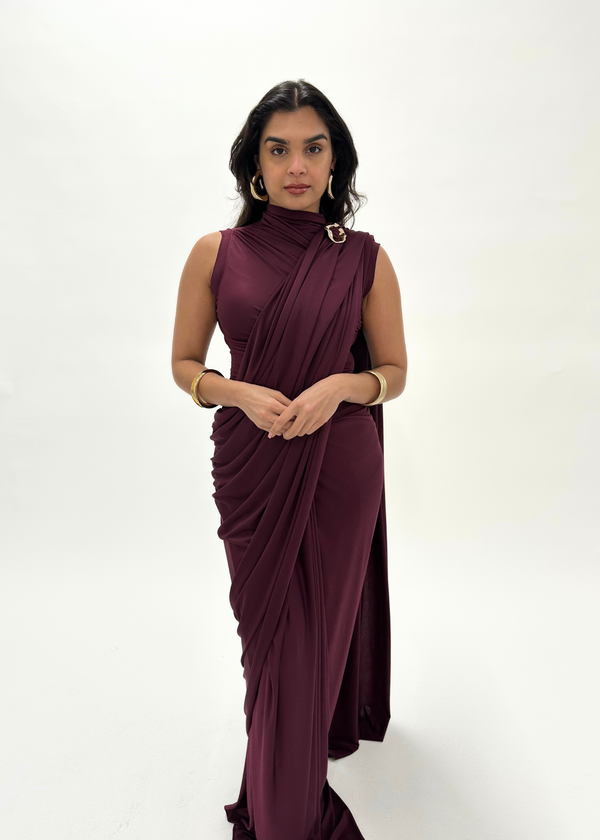 Kanya London Wine Ready Made Saree Sleeveless (MADE TO ORDER)