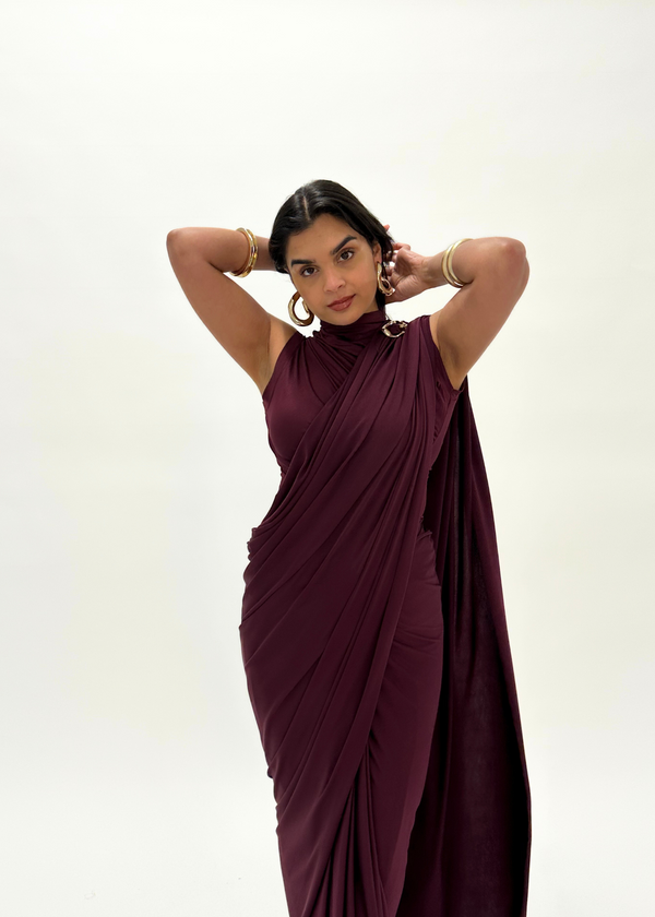 Kanya London Wine Ready Made Saree Sleeveless (MADE TO ORDER)