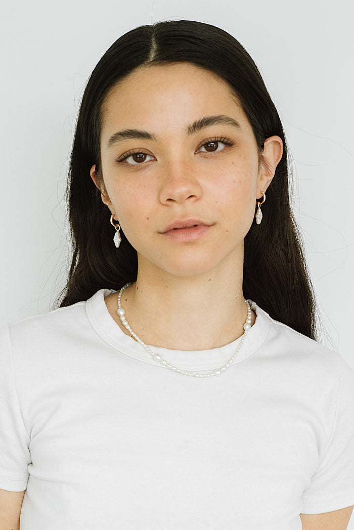 kara yoo jewelry Anna Hoops + Falling Star Pearl Charms