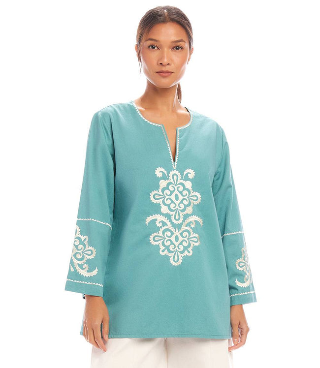 Karen Kane Aqua 3/4 Sleeve Embroidered Tunic Karen Kane