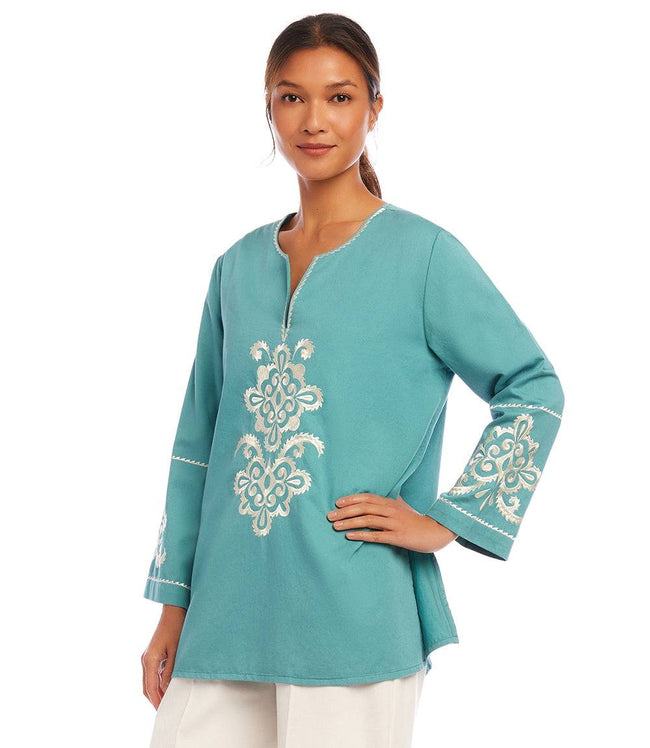 Karen Kane Aqua 3/4 Sleeve Embroidered Tunic Karen Kane
