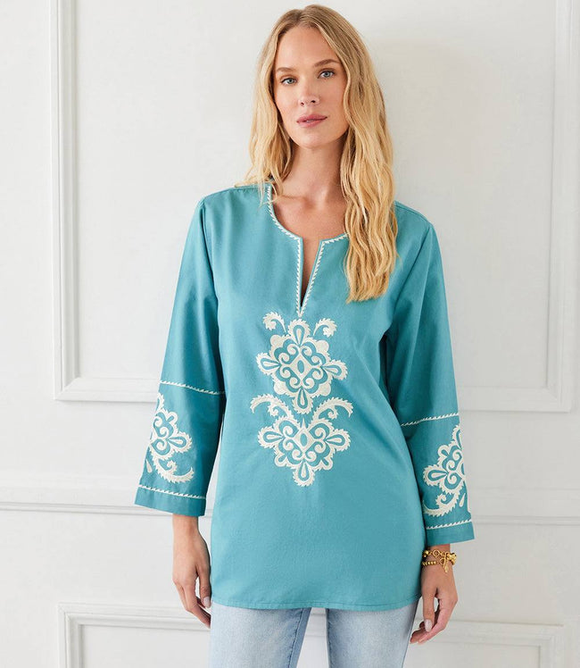 karen kane Aqua 3/4 Sleeve Embroidered Tunic Karen Kane