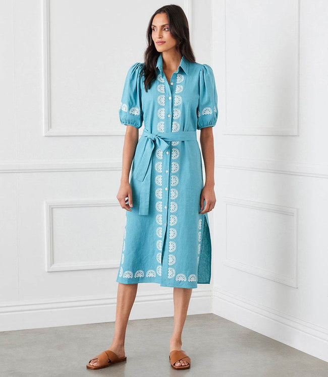 Karen Kane Aqua Puff Sleeve Embroidered Shirtdress Karen Kane