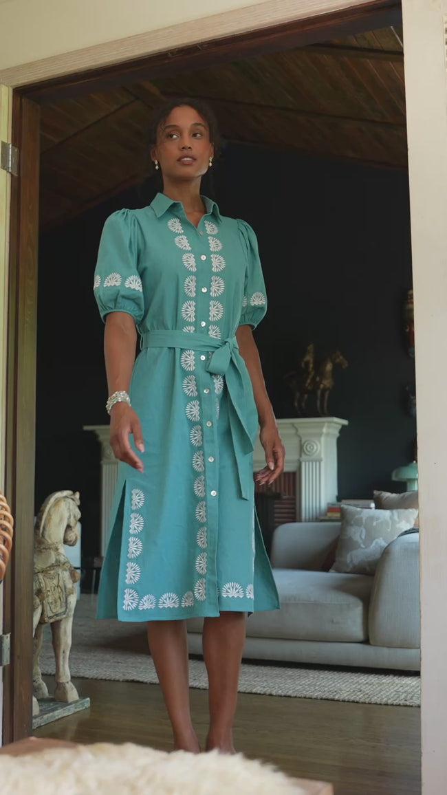 Karen Kane Aqua Puff Sleeve Embroidered Shirtdress Karen Kane