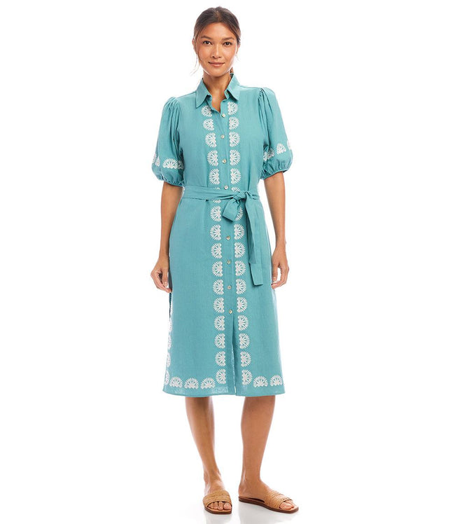 Karen Kane Aqua Puff Sleeve Embroidered Shirtdress Karen Kane