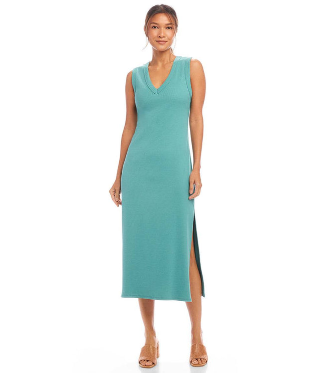 Karen Kane Aqua Sleeveless Ribbed V-Neck Midi Column Dress Karen Kane