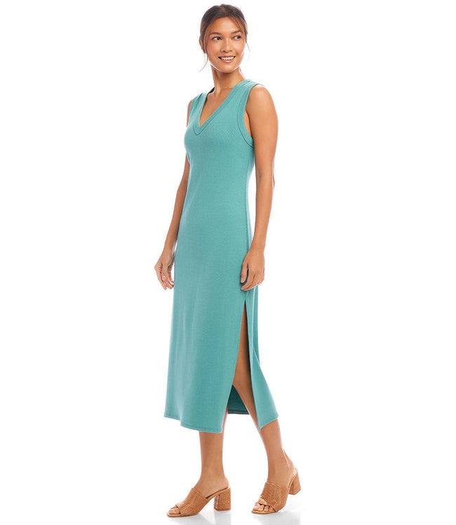 Karen Kane Aqua Sleeveless Ribbed V-Neck Midi Column Dress Karen Kane