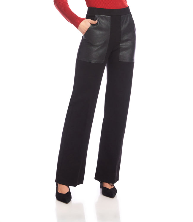 Karen Kane Black Contrast Faux Leather Pocket Wide-Leg Pants Karen Kane