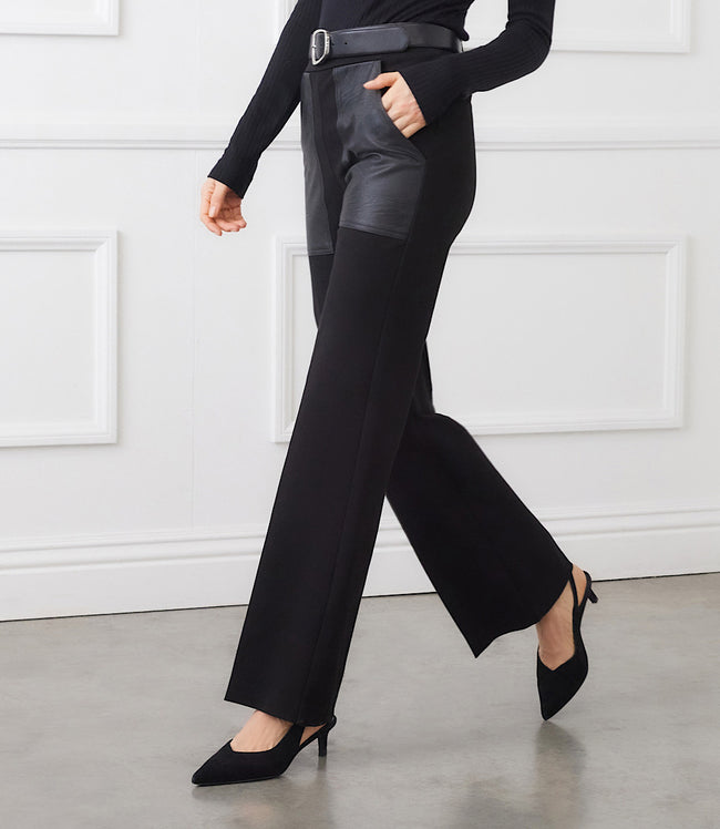 karen kane Black Contrast Faux Leather Pocket Wide-Leg Pants Karen Kane
