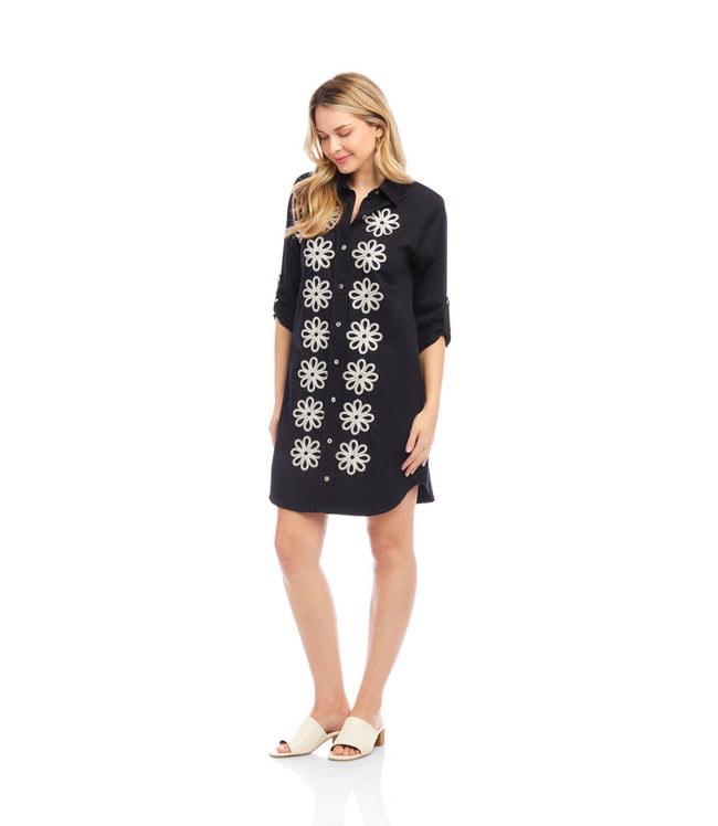 Karen Kane Black/Cream Petite Size Roll Tab Embroidered Shirtdress Karen Kane