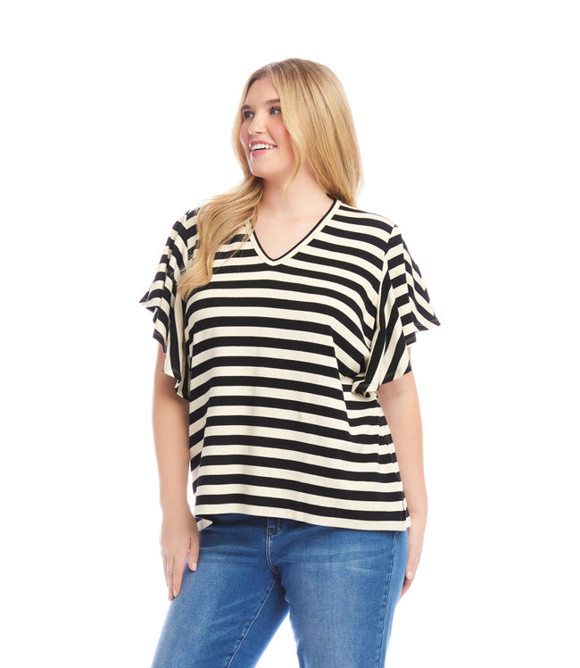 Karen Kane Black/Cream Plus Size Stripe Flutter Sleeve V-Neck Top Karen Kane