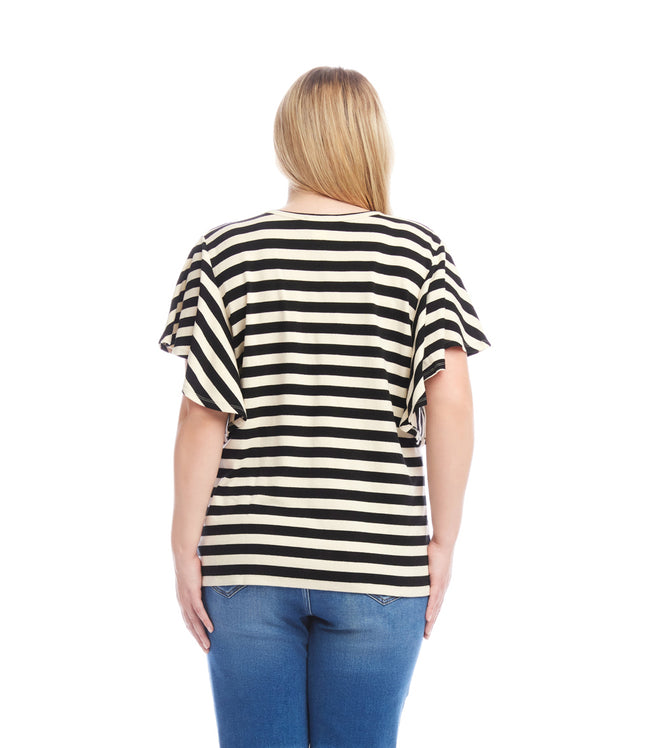 Karen Kane Black/Cream Plus Size Stripe Flutter Sleeve V-Neck Top Karen Kane