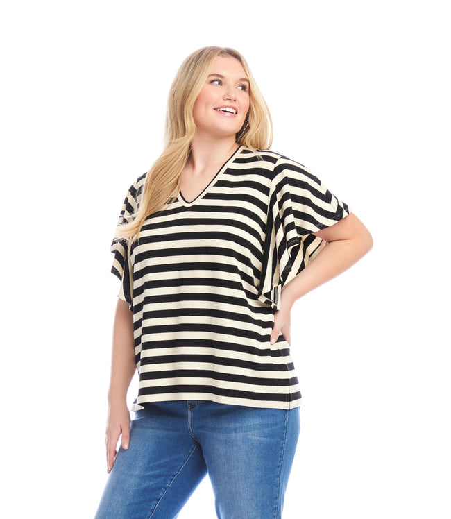 karen kane Black/Cream Plus Size Stripe Flutter Sleeve V-Neck Top Karen Kane