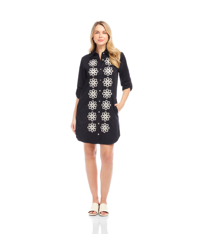 Karen Kane Black/Cream Roll Tab Embroidered Shirtdress Karen Kane