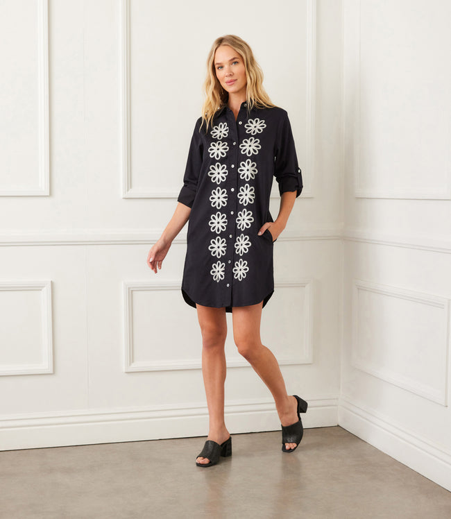 karen kane Black/Cream Roll Tab Embroidered Shirtdress Karen Kane