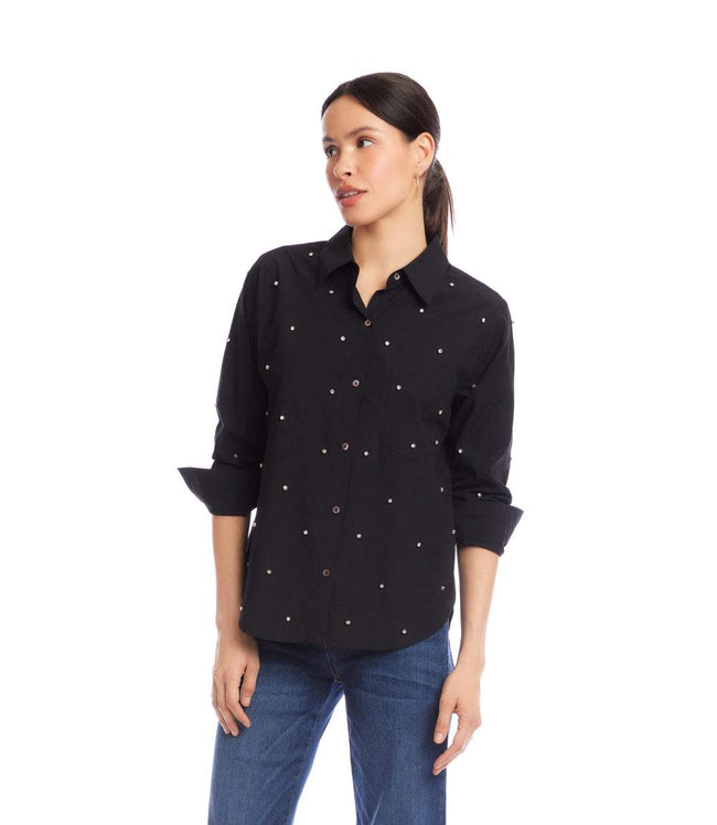 Karen Kane Black Embellished Ruched Sleeve Shirt Karen Kane