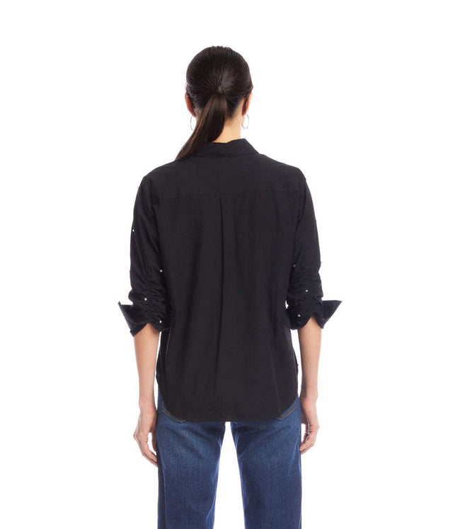 Karen Kane Black Embellished Ruched Sleeve Shirt Karen Kane