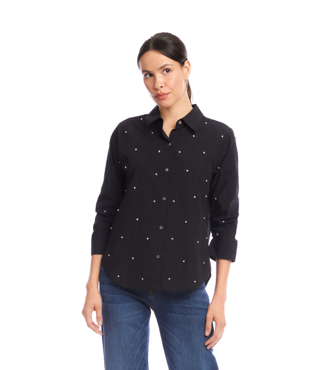 karen kane Black Embellished Ruched Sleeve Shirt Karen Kane